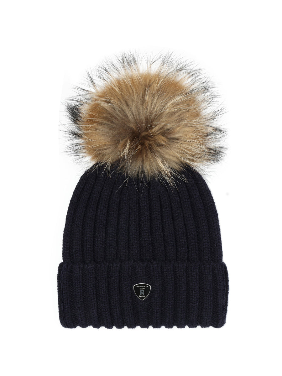 Zwart Pom Pom Muts met Naturel Bol
