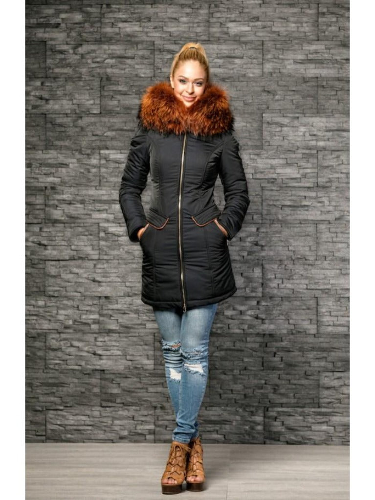 Froccella B134-D Lang Blauw Winterjas met Bontkraag
