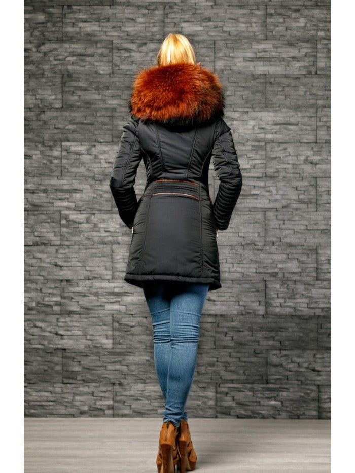 Froccella B134-D Lang Blauw Winterjas met Bontkraag