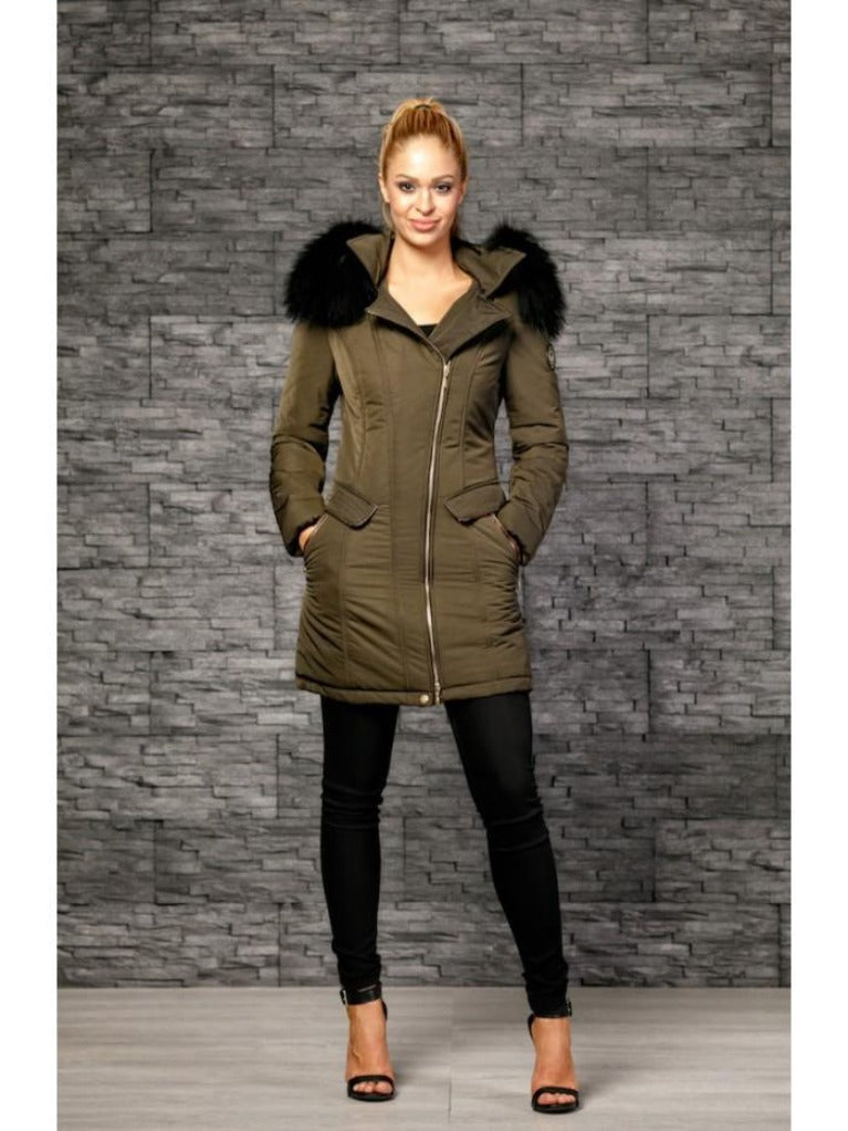 Froccella B134 Lang Groen Winterjas met Bontkraag