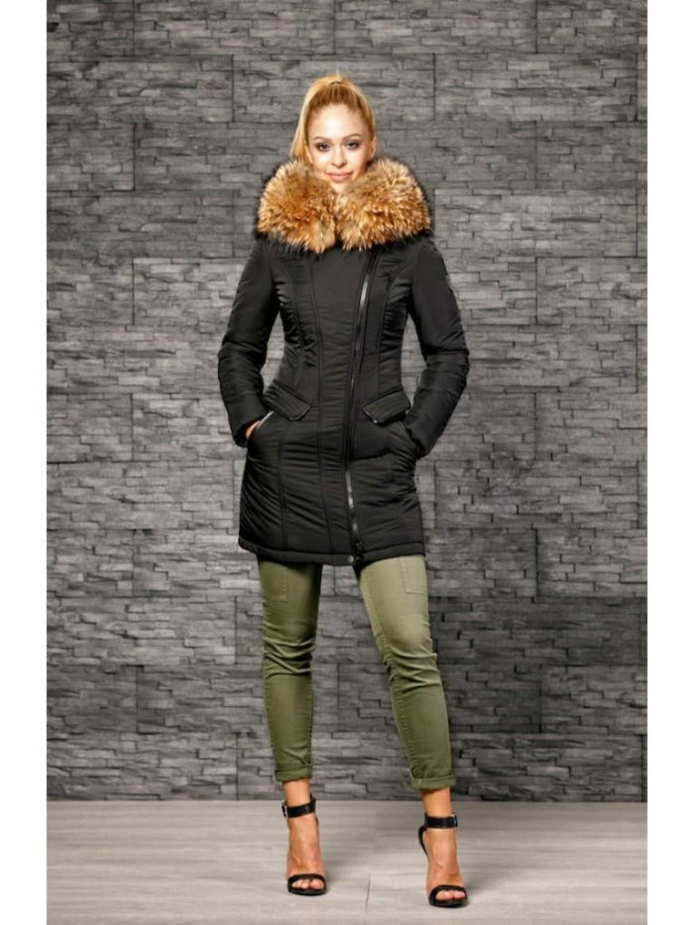 Froccella B134 Lang Zwart Winterjas met Bontkraag
