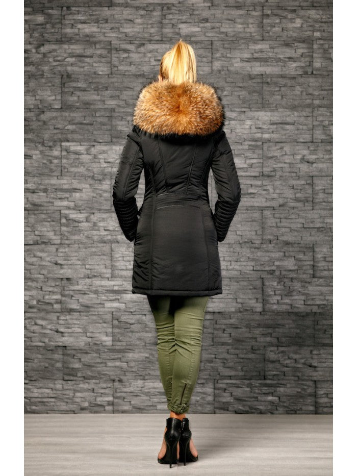 Froccella B134 Lang Zwart Winterjas met Bontkraag