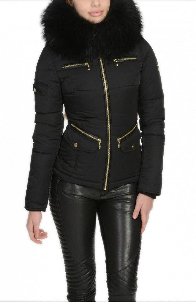 Froccella B62 Gouden ritsen Zwart Winterjas met Bontkraag