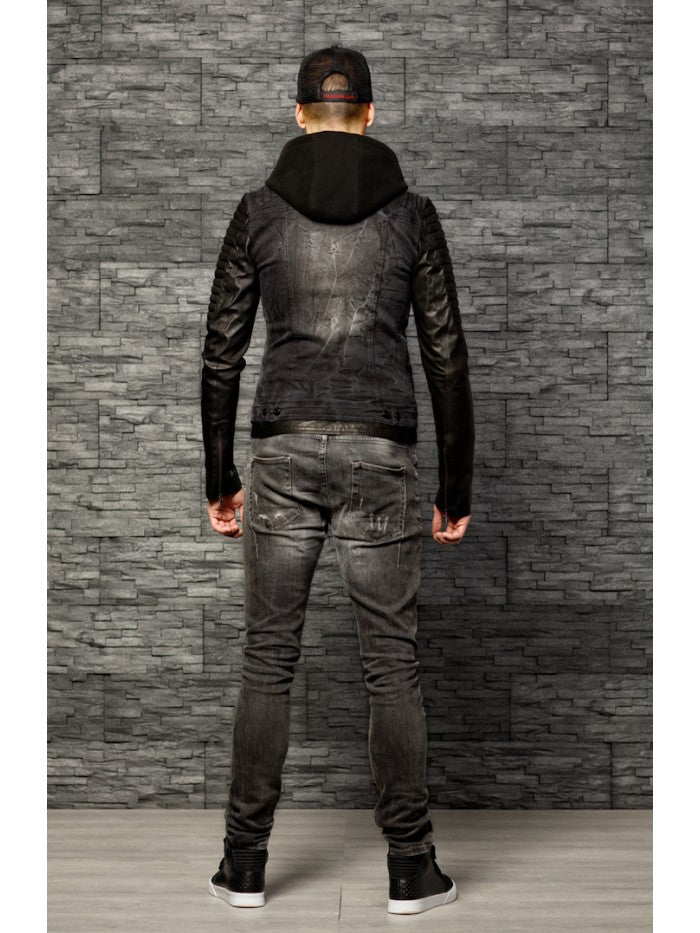 E63  Biker Jeans Zwart Lerenjas
