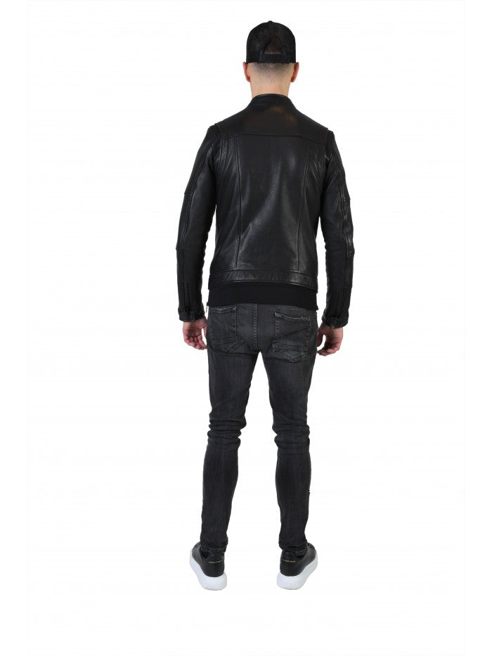 E162 Biker Zwart Lerenjas