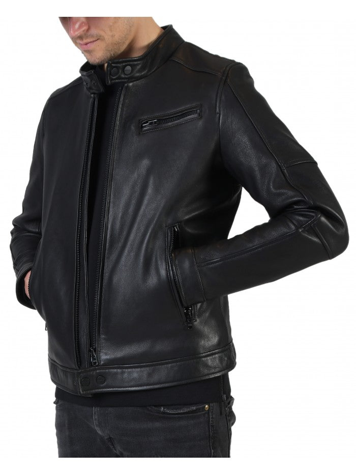 E162 Biker Zwart Lerenjas