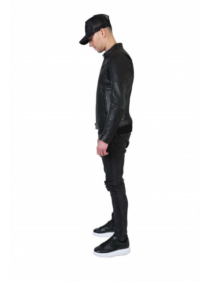 E162 Biker Zwart Lerenjas