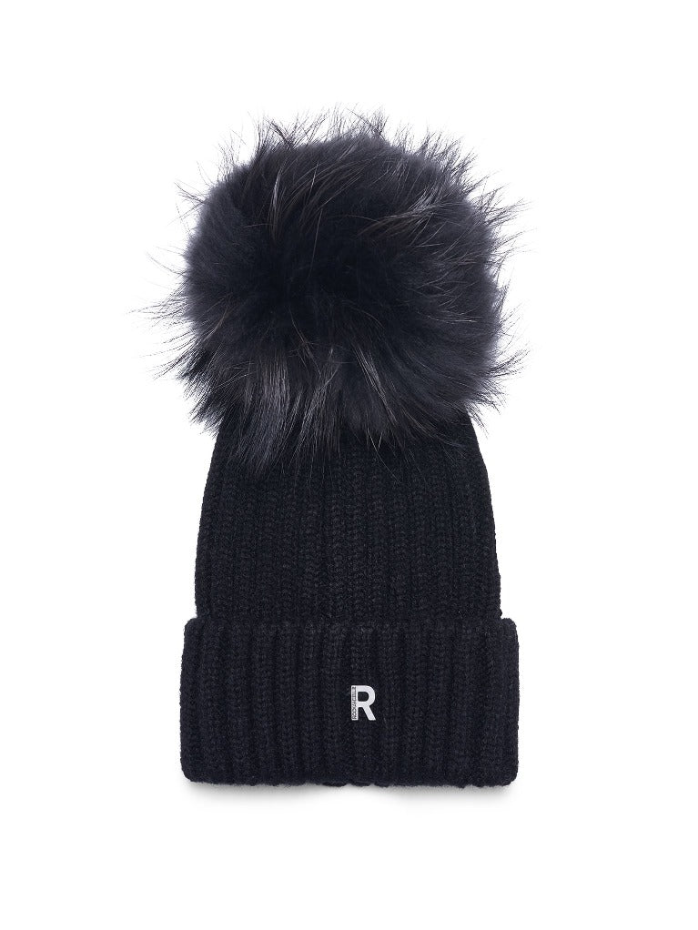 Zwart Pom Pom Muts met Grijze Bol