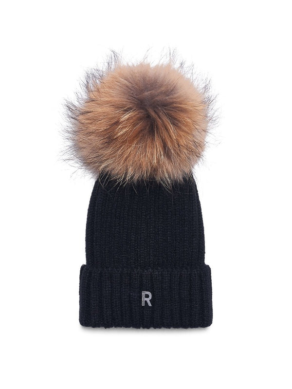 Zwart Pom Pom Muts met Naturel Bol